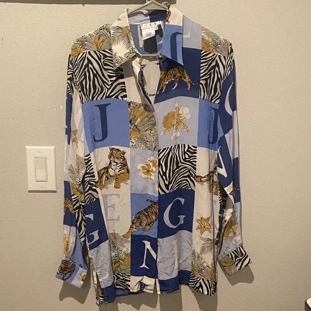 Piano 100% Silk Blouse Tiger Letters and Zebra print! small